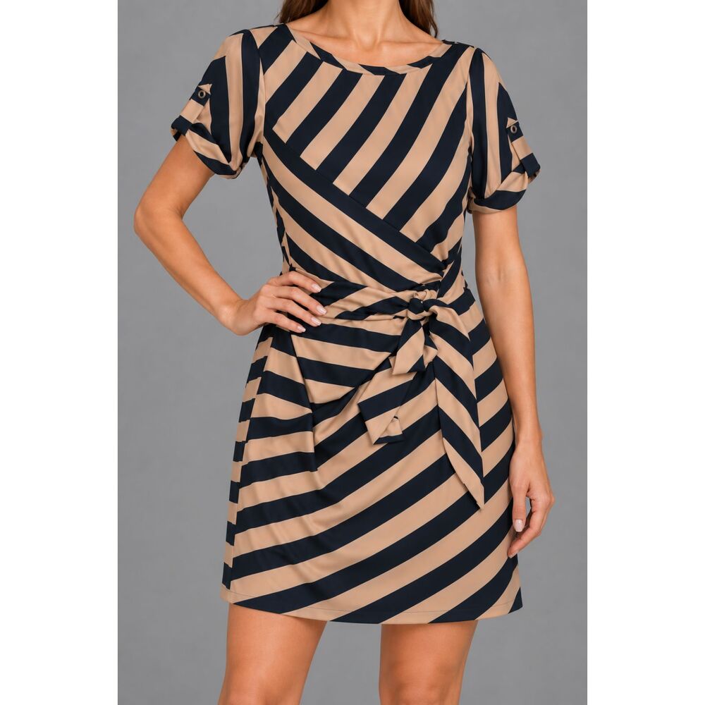 Diane von Furstenberg DVF Silk Striped Dress Size 6 Navy Beige Tie Waist
